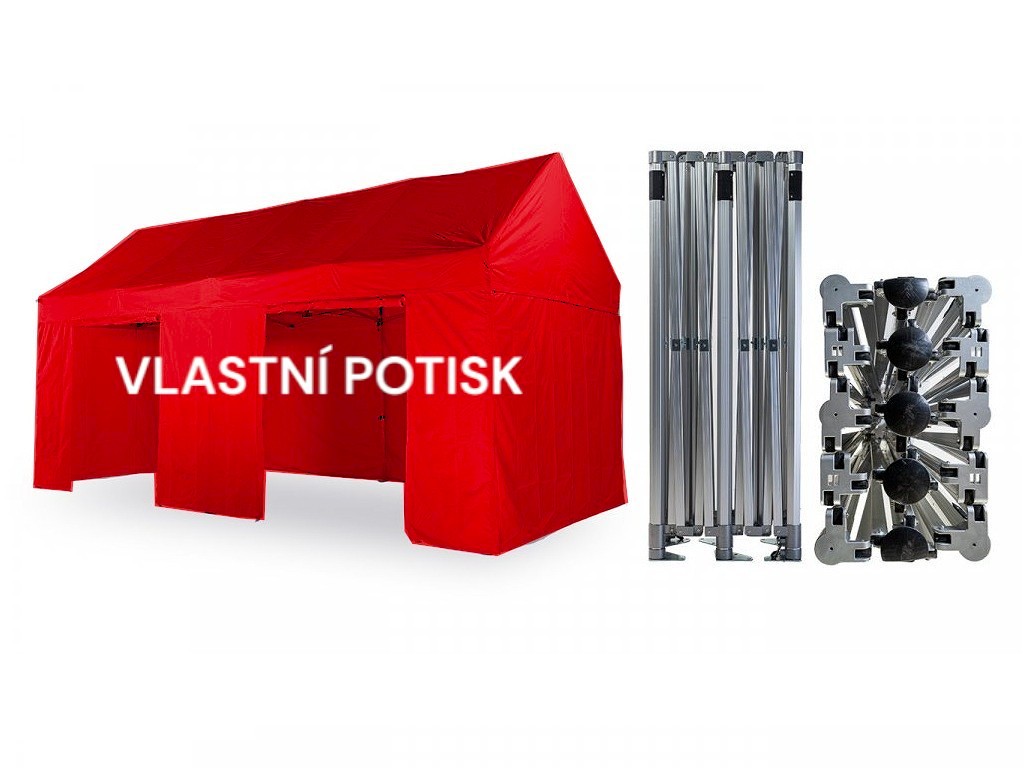 SET-Nožnicový párty stan 3x6 m /6 GABLED s jednostrannou potlačou Typ konštrukcie: GABLED, POTLAČ - strecha + bočnice: střecha + 3x bočnice + 1x polobočnice, Gramáž polyesteru: 300 g/m2