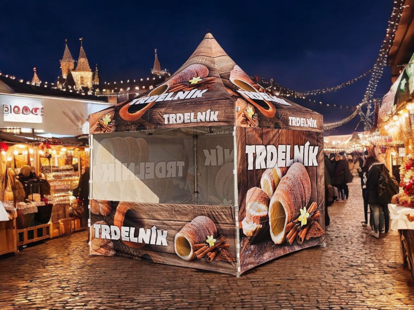 TENTino SET - Nožnicový párty stan 3x3 m s grafikou TRDELNÍK Typ konštrukcie: BIG HEXAGON S VYŠŠÍ ŠPICÍ, POTLAČ - strecha + bočnice: střecha + 3x bočnice + 1x polobočnice, Gramáž polyesteru: 300 g/m2