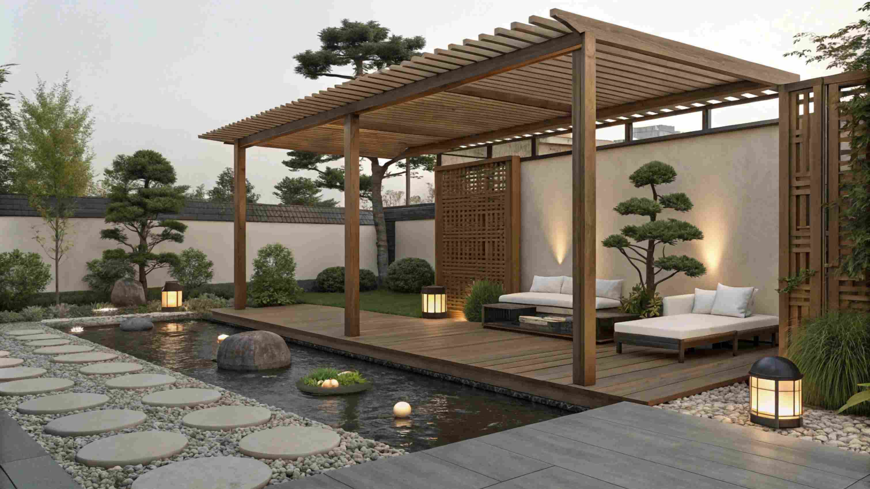 drevena-pergola-pri-zahradnom-jazierku-s-lehatkami-sedenim-a-okrasnou-zahradou