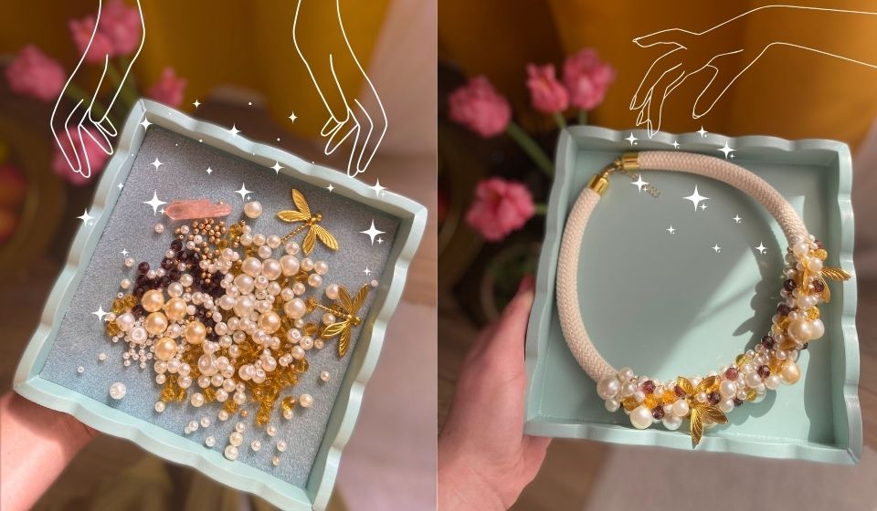 Originální pošité náhrdelníky z lan, perel a skleněných korálků