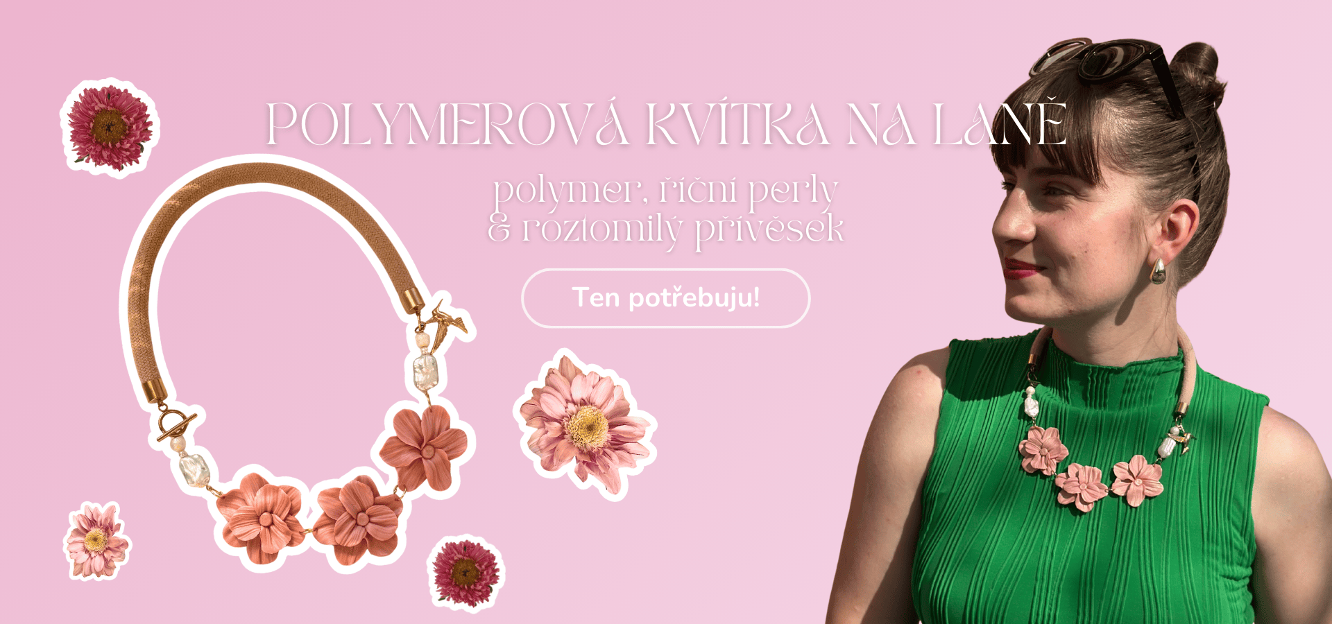 polymerová kvítka na laně, náhrdelník