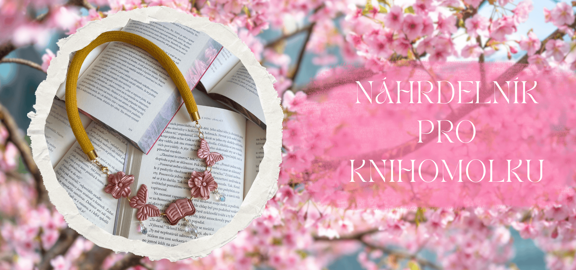 Ručně vyrobený náhrdelník z lana a polymerové hmoty. Náhrdelník pro knihomolku.