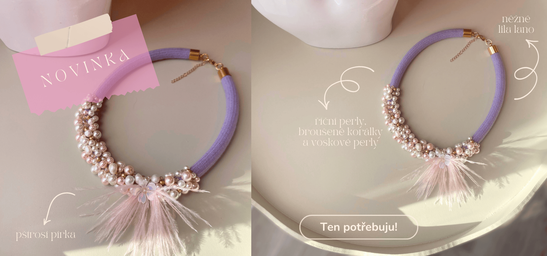 lanový náhrdelník, lila náhrdelník, ručně vyrobený šperk, ruční práce, autorský šperk