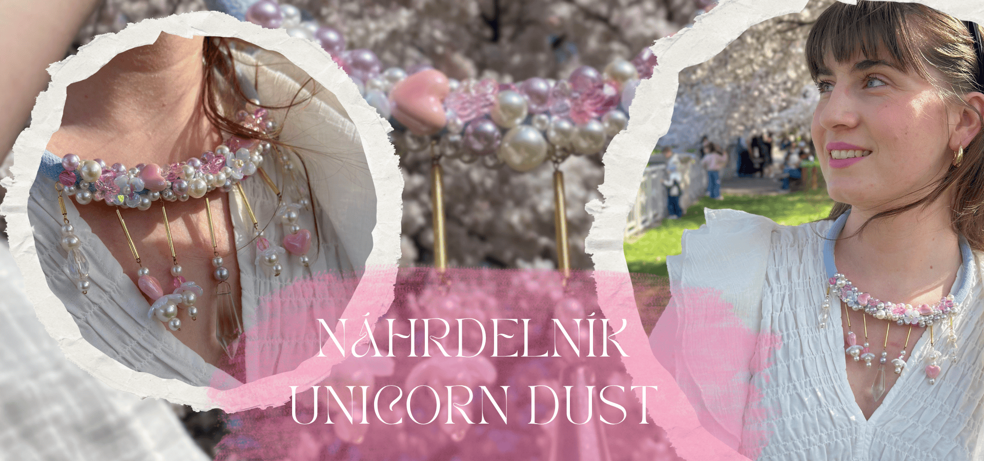 ručně vyrobený náhrdelník s korálky, perličkami a krystalem. Lanový náhrdelník