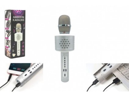 Mikrofon karaoke Bluetooth stříbrný na baterie s USB kabelem