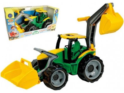 Traktor se lžící a bagrem, zeleno-žlutý