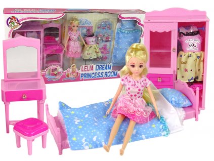 Doll + Furniture Set Bed Wardrobe Dressing table