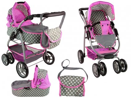 Baby Doll Stroller 2-in-1 Carrycot Bag Pink Stars