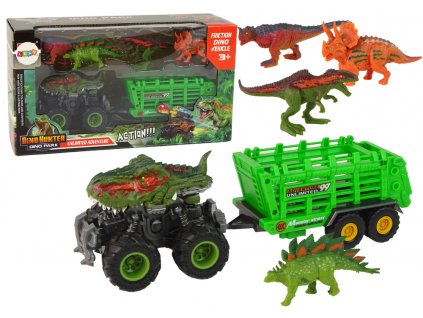 Vozidlo s přívěsem s motivem dinosaura + 4 dinosauři - zelené