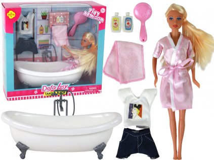 Children's Doll Long Blonde Hair Bathrobe Pink Bathtub Bathroom