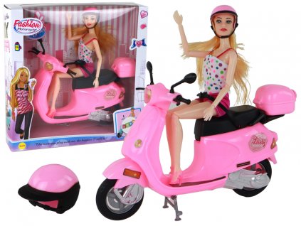 Set of a doll on a pink scooter with movable elements