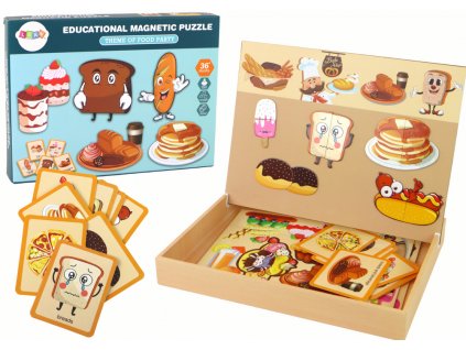 A set of educational magnetic puzzles with a food theme
