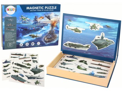 A set of educational magnetic puzzles with a military ship motif