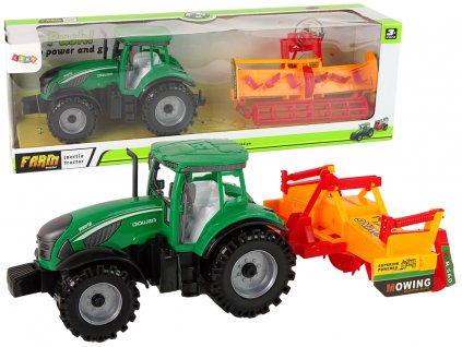 Zelený traktor s oranžovým kultivátorem pro děti