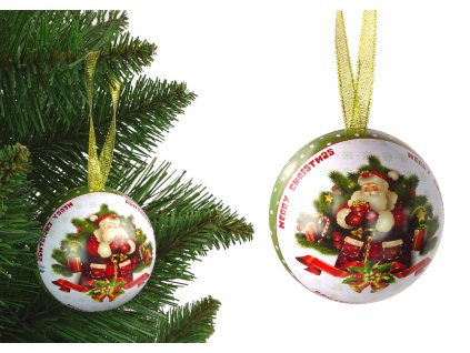 Vánoční kovová baňka Santa Claus se stromečkem