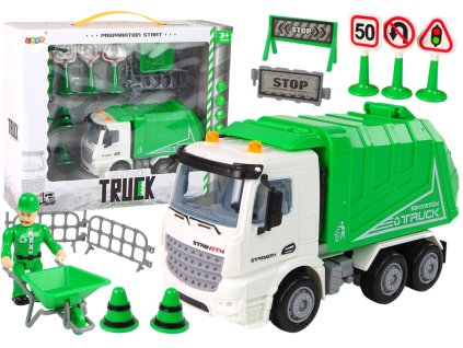 Rubbish Truck Set Road Signs Green Garbage Truck