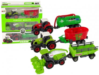 Farm Machinery Set Tractors and Combine with Trailers Green and red