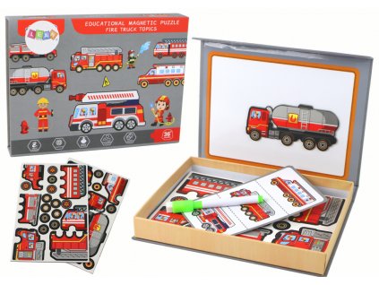 A set of magnetic puzzles with a fire truck motif