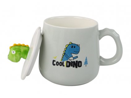 Dinosaur Blue Ceramic Mug, Lid, Spoon, 350ml