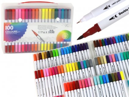 Set of 100 colored marker pens in an organizer