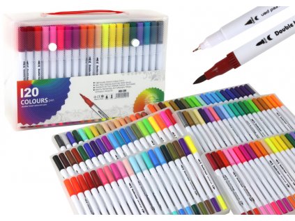 Set of 120 colored marker pens in an organizer