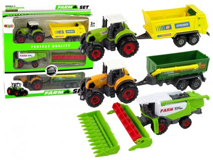 Souprava zemědělské techniky, traktory s přívěsy a kombajn