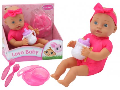 Baby doll, pink clothes, headband, feeding accessories