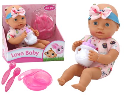 Baby doll, clothes with flamingos, headband, feeding accessories