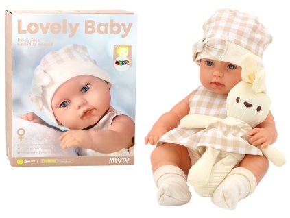 Baby doll in a carrier, a bunny, in a checkered outfit, beige