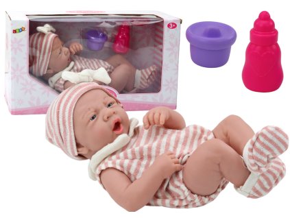 Newborn Baby Doll, Striped Clothes, Hat, Socks, Bottles