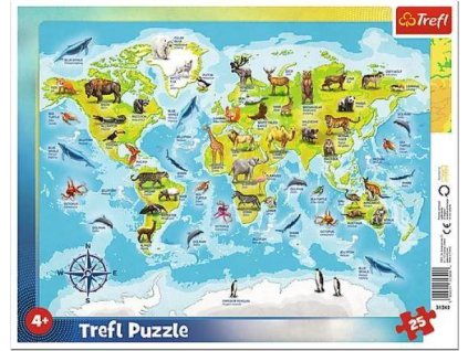 Deskové puzzle Mapa světa se zvířátky 25 dílků