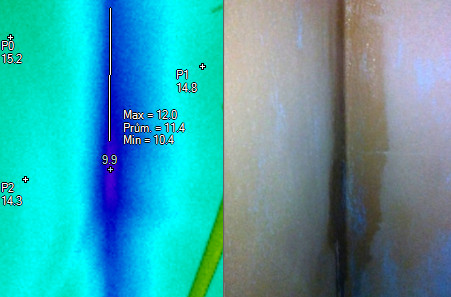 Kondenzace vlhkosti na interiérové stěně - Termovizní měření na Šumpersku,termovize Šumperk, termovizní měření na Olomoucku. Termovize Olomouc, termocorp.cz