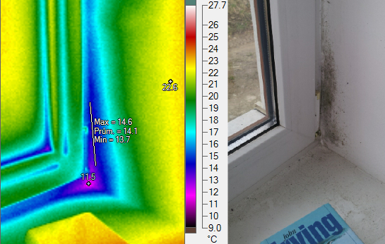 Kondenazce vlhkosti na ostění okna, termovizní měření na Šumpersku, termovize Šumperk, termovize budov, tepelný únik budovy