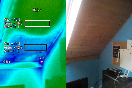 Chybějící nebo poškozená minerální izolace v šikmině v podkroví; termocorp.cz, termovizní měření na Šumpersku, termokamera Šumperk