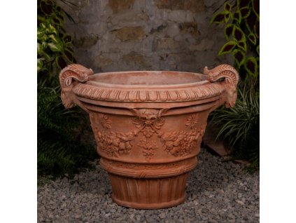Vaso Ornato con Teste Ariete Terracotta Impruneta