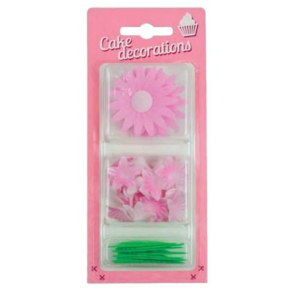 234971 1 dekorace z jedleho papiru kopretiny a kvetiny mini ruzove s listky 34 ks