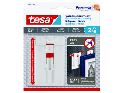 tesa® Nastavitelný nalepovací hřebík na tapety a omítku 2kg (Barva bílá, Rozměr 2 háčky + 6 proužků)