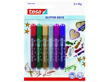 tesa® Třpytivé dekorační pero/glitter (Barva červená, růžová, zelená, žlutá, fialová, stříbrná, Doplňující informace Mix barev - tmavší odstíny, Rozměr 6 x 10 g)