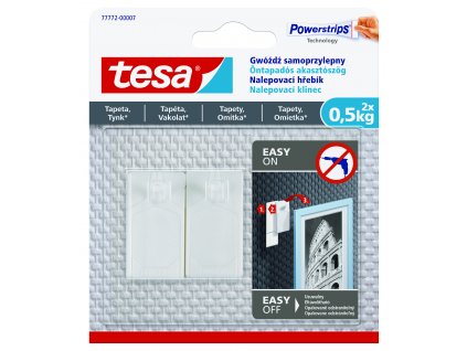 tesa® Nalepovací hřebík na tapety a omítku 0.5kg (Barva bílá, Rozměr 2 háčky + 3 proužky)