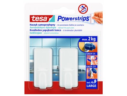 tesa® Powerstrips velké obdélníkové háčky (Barva bílá, Rozměr 58,3mm x 22,3mm x 28,0mm / 2 háčky + 4 velké proužky)