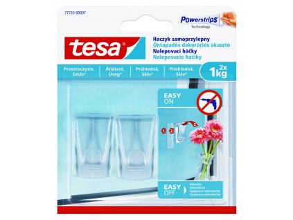 tesa® Samolepicí průhledný dekorační háček na sklo 1kg (Barva průhledná, Rozměr 2 háčky + 4 proužky)