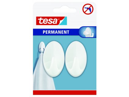 tesa® Permanent háčky bílé, oválné (Barva bílá, Doplňující informace 2 háčky, velikost L, oválné, plast, Rozměr ŠxVxH: 5,5 x 3,5 x 3 cm)