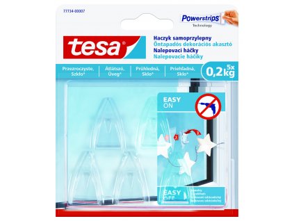 tesa® Samolepicí průhledný dekorační háček na sklo 0.2kg (Barva průhledná, Rozměr 5 háčků + 8 proužků)