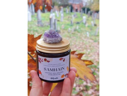 Přírodní svíčka SAMHAIN 120 ml – vzpomínková svíčka s esenciálními oleji a ametystem