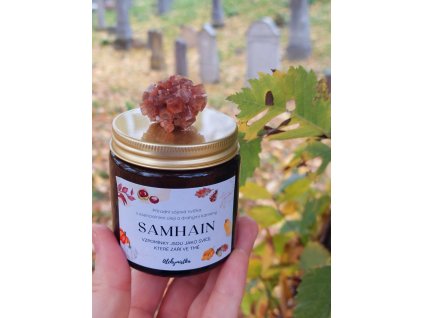 Přírodní svíčka SAMHAIN – vzpomínková svíčka 120 ml s esenciálními oleji a aragonitem