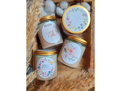 Sójová svíčka DĚKUJI / VŠECHNO NEJLEPŠÍ 250 ml - s jemně kořeněnou ovocnou vůní