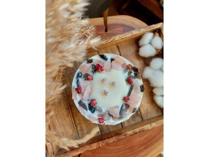 Přírodní svíčka SNĚHURKA – s růženínem a obsidiánem