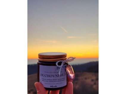 Přírodní svíčka se záměrem DUCHOVNÍ SÍLA – sójová svíčka s ametrínem