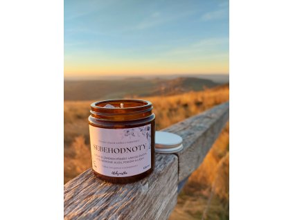 Přírodní svíčka se záměrem SEBEHODNOTY – sójová svíčka s rodonitem