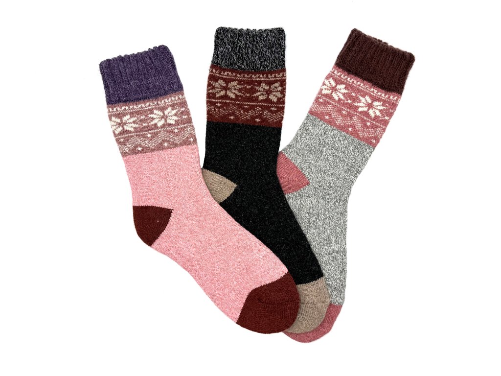 Dámské vlněné ponožky ALPACA norský vzor 3-pack - růžová/černá/šedá